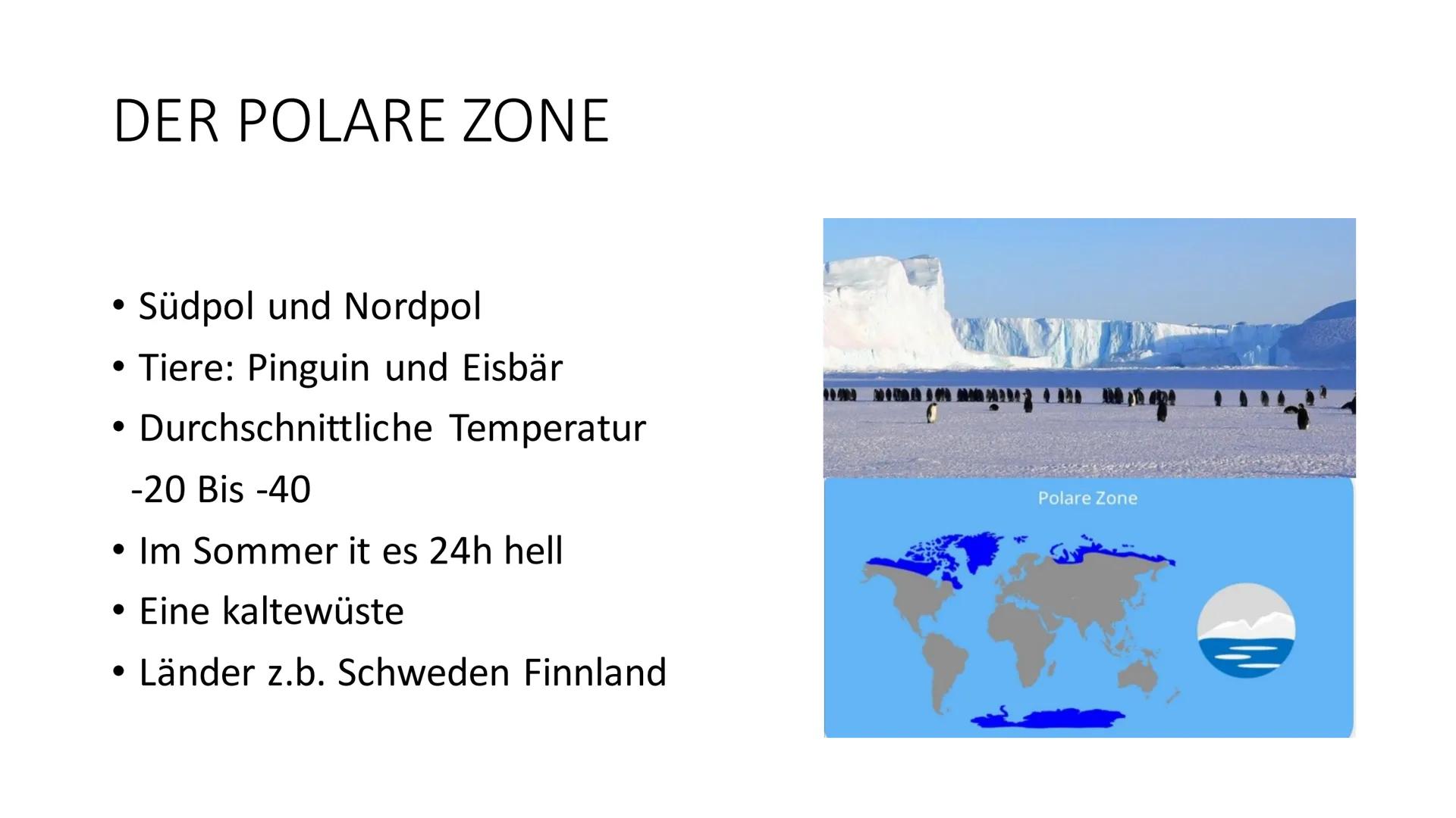KLIMAZONEN DER ERDE
fragen am Ende DER POLARE ZONE
Südpol und Nordpol
• Tiere: Pinguin und Eisbär
●
Durchschnittliche Temperatur
-20 Bis -40