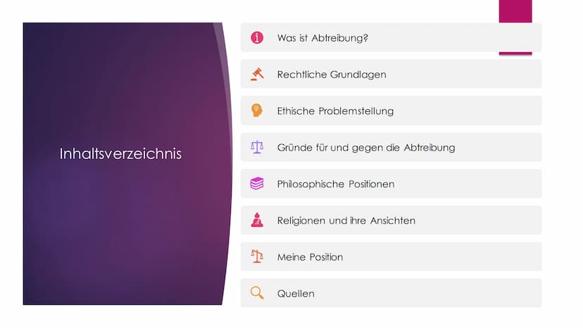 Abtreibung
Wann beginnt das Leben?
EINE PRÄSENTATION VON S.K. Inhaltsverzeichnis
i
O
Was ist Abtreibung?
Rechtliche Grundlagen
Ethische Prob