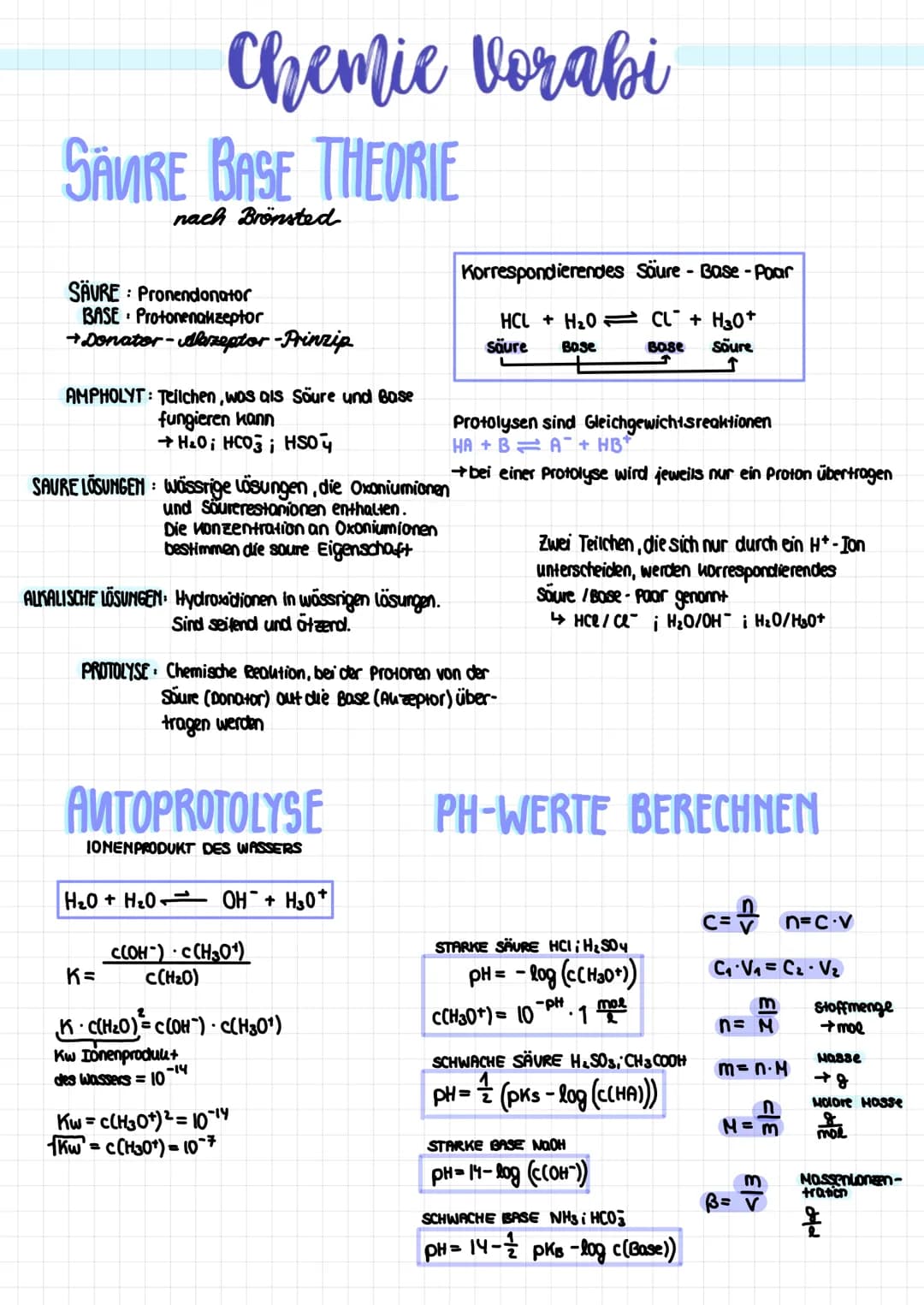 SAVRE BASE THEORIE
nach Brönsted
Chemie Vorabi
SAURE Pronendonator
BASE Protonenakzeptor
→ Donator-Alzeptor-Prinzip
AMPHOLYT: Teilchen, was 