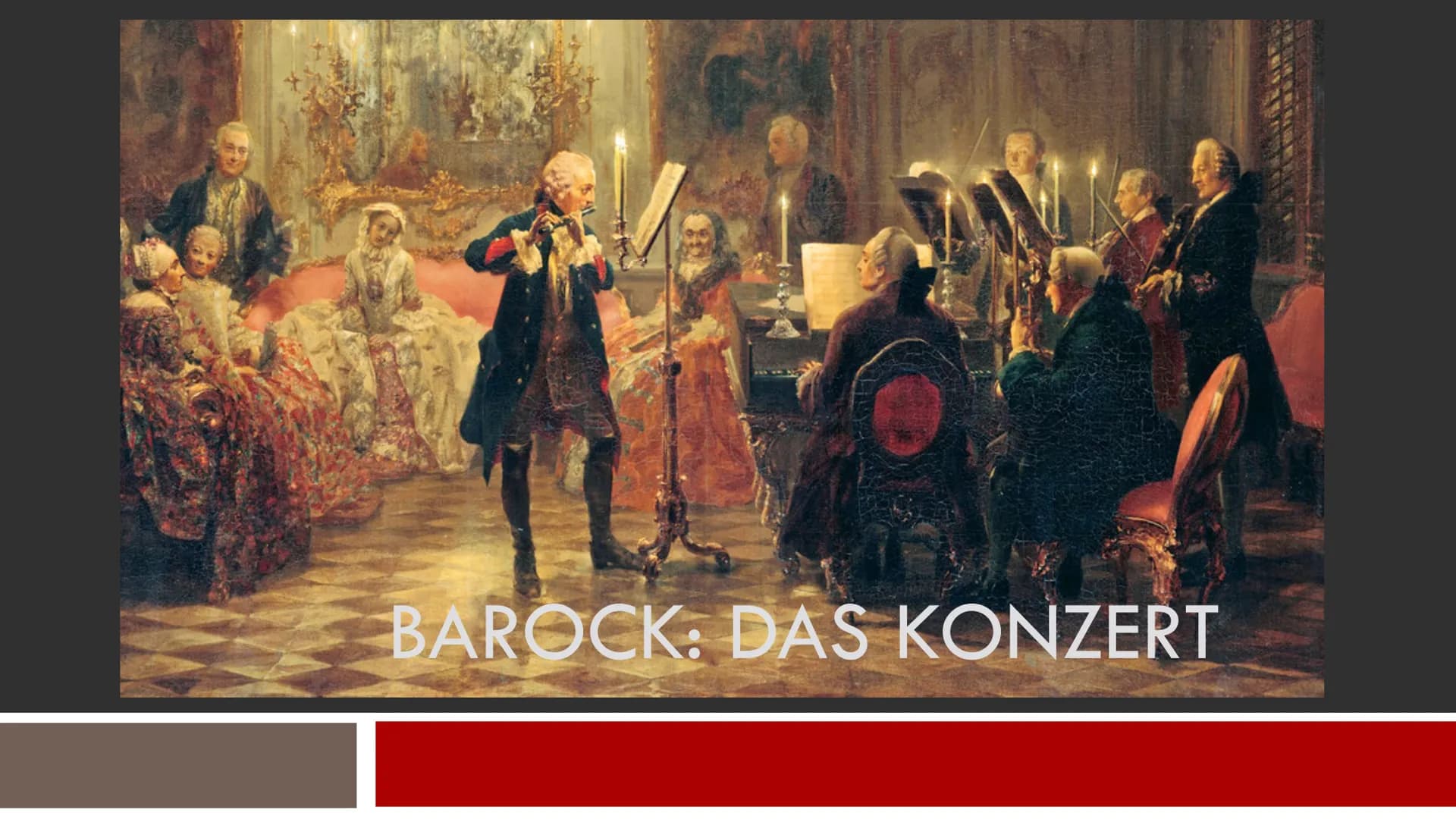 GFS: Barock: Das Konzert
Allgemein:
1600-1750
Aus den portugiesischen Wörtern "pèrola barroca" (unebene Perle)
→ Kitschige Epoche mit negati