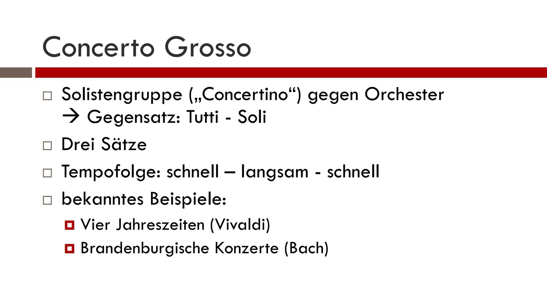 GFS: Barock: Das Konzert
Allgemein:
1600-1750
Aus den portugiesischen Wörtern "pèrola barroca" (unebene Perle)
→ Kitschige Epoche mit negati