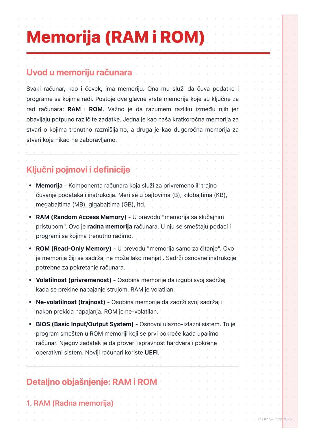 # Memorija (RAM I ROM)

Uvod u memoriju računara

Svaki računar, kao i čovek, ima memoriju. Ona mu služi da čuva podatke i
programe sa kojim