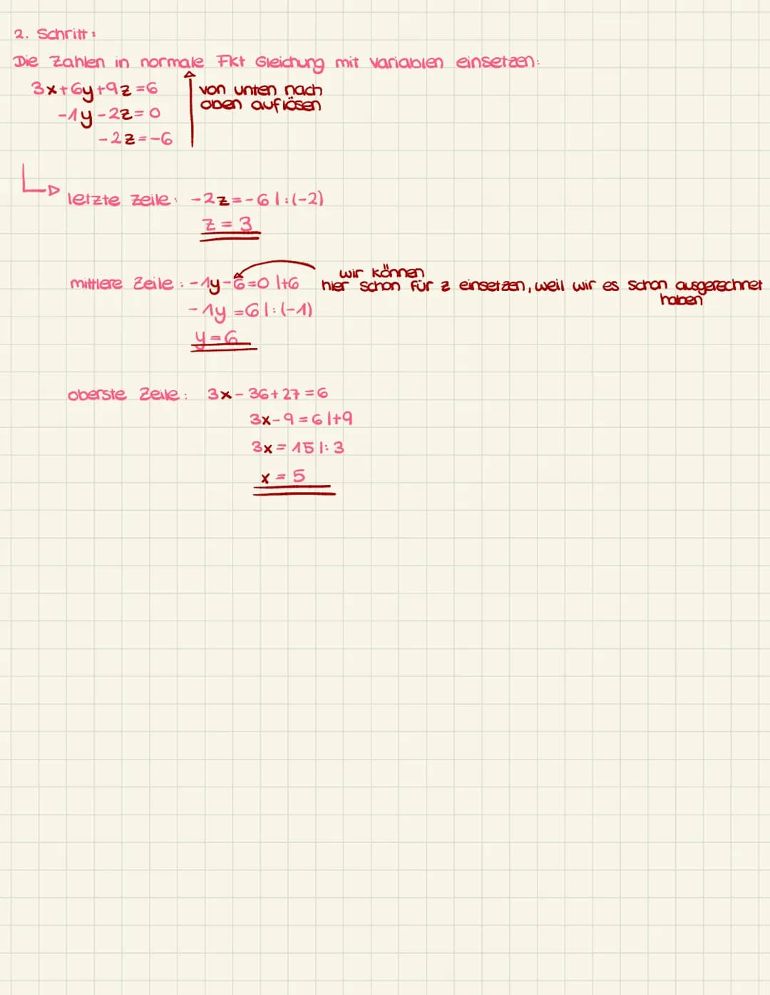 GAUPYERTAIREN
1. In Tabellenform bringen
x+2y+3z=2
x+y+z=2
3x+3y + z = 0
2. Stufenform
also
ددهم
3
x 703
X
♡♡
तरल
3
Anfang der Rechnung:
I. 