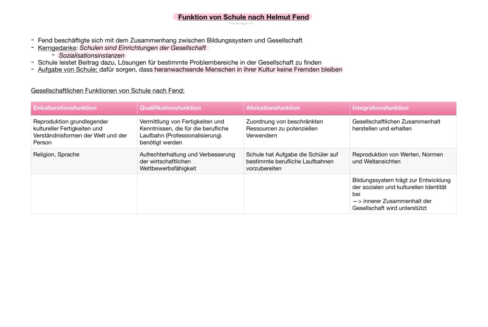 - Fend beschäftigte sich mit dem Zusammenhang zwischen Bildungssystem und Gesellschaft
Kerngedanke: Schulen sind Einrichtungen der Gesellsch