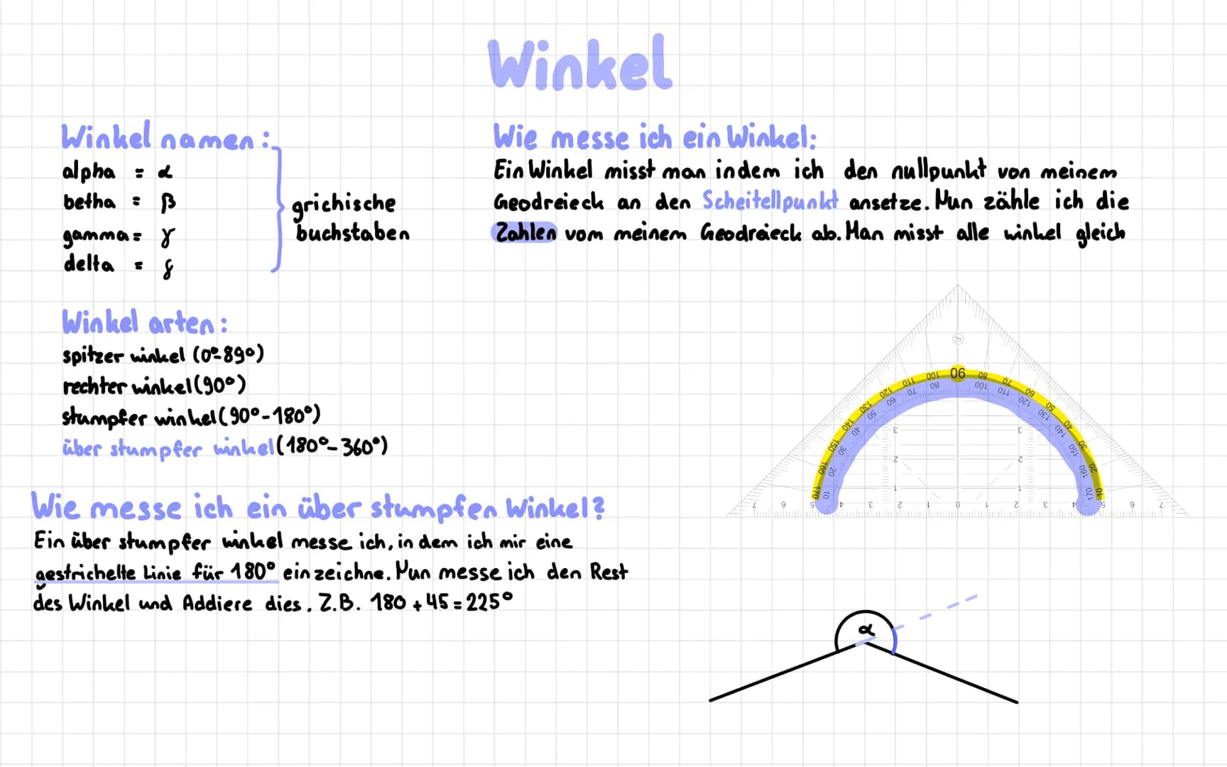 Winkel namen:.
alpha
betha B
gamma: Y
delta 8
grichische
buchstaben
Winkel arten:
spitzer winkel (0°890)
rechter winkel (90°)
stumpfer winhe