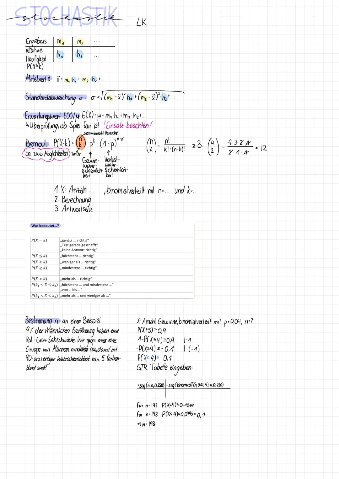 STOCHASTAK
Ergebnis | m₁
relative
h₂
Häufigkeit
P(X k)
Mittelwert: x-m₁ h₁ m₂ h2₂ ...
bei zwei Mög
Standardabweichung
Erwartungswert E(X)/ME