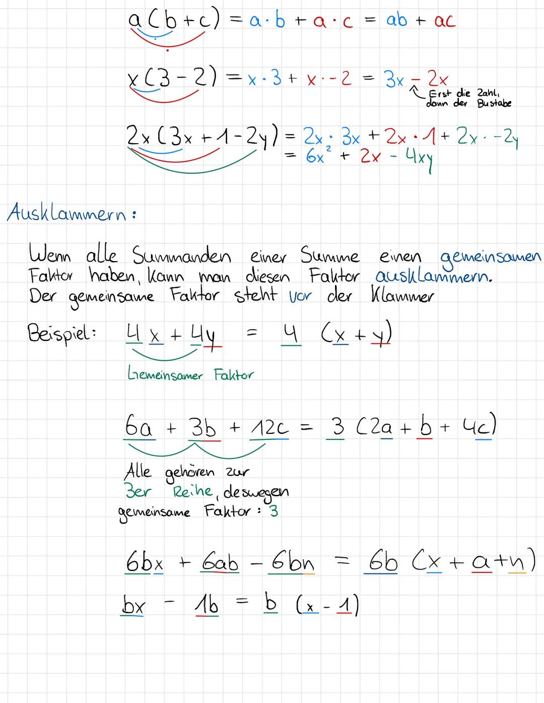 KLAMMERN
Addition:
Wenn vor der Klammer ein + steht, fällt die
Klammer weg
Beispiel: 7 + 5x + ( 3 + 8y) = 7 + 5x + 3 +
-8y
12x + 8a+ (13c + 