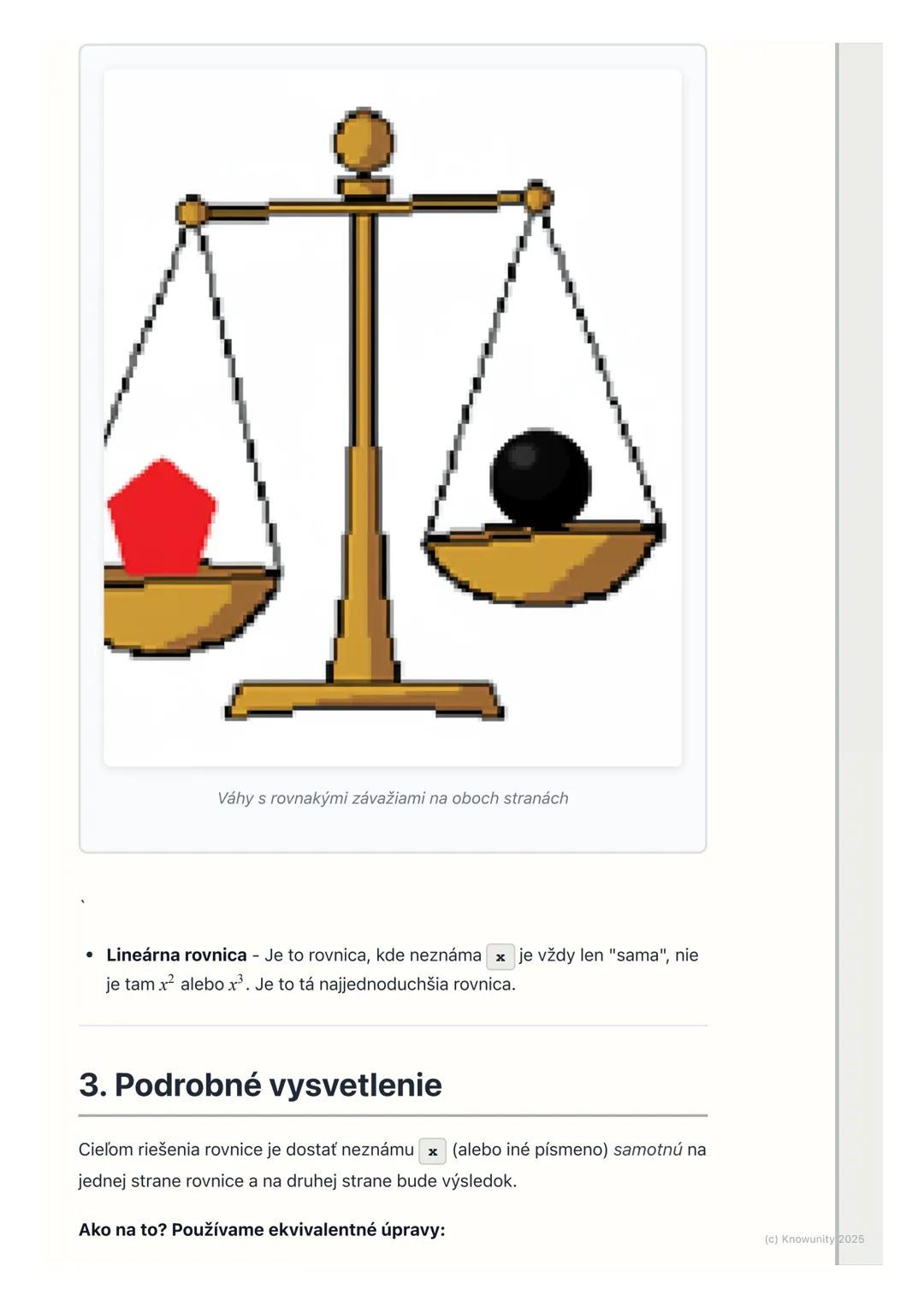 # Riešenie jednoduchých
lineárnych rovníc

## 1. Úvod do riešenia rovníc

Takže, rovnice! To je super dôležitá téma v matematike, lebo nám p