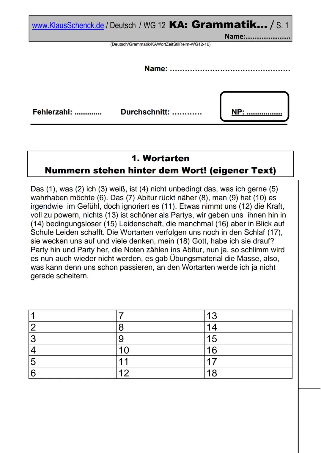 www.KlausSchenck.de / Deutsch / WG 13 KA: Grammatik / S. 1
(Deutsch/Grammatik/KAWortZeit-WG13-17)
Klasse: WG 13
Fehlerzahl:
Name:
Durchschni