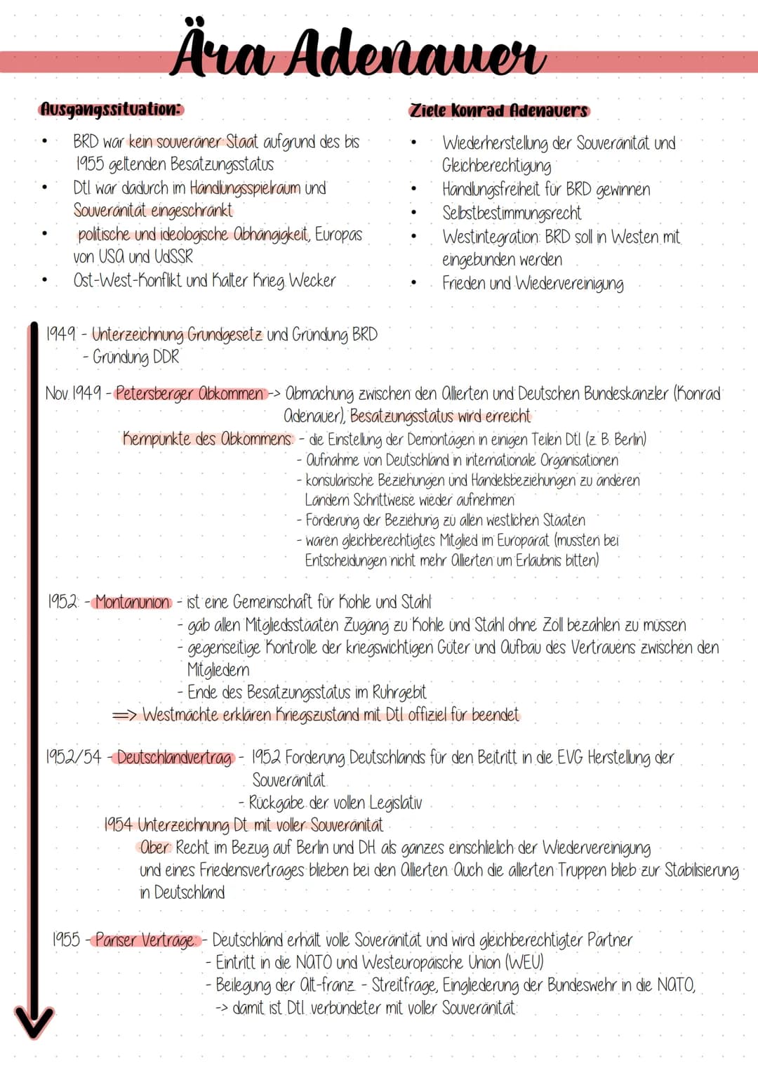 Ära Adenauer
Ausgangssituation:
BRD war kein souveräner Staat aufgrund des bis
1955 geltenden Besatzungsstatus
Dtl war dadurch im Handlungss