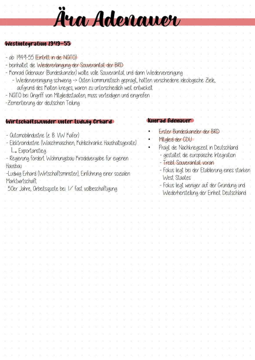 Ära Adenauer
Ausgangssituation:
BRD war kein souveräner Staat aufgrund des bis
1955 geltenden Besatzungsstatus
Dtl war dadurch im Handlungss