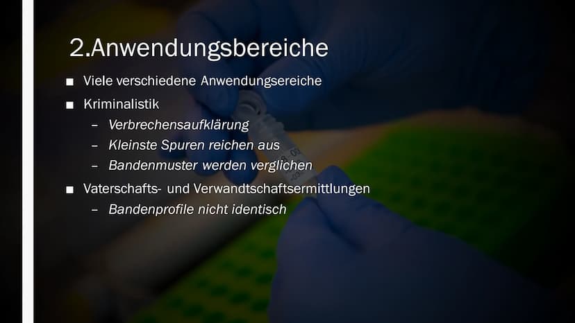 GENETISCHER
FINGERABDRUCK
Von Maya Zorn Gliederung
1. Allgemeine Informationen
2. Anwendungsbereiche
3. Durchführung
3.1 PCR-Methode
3.2
3.3