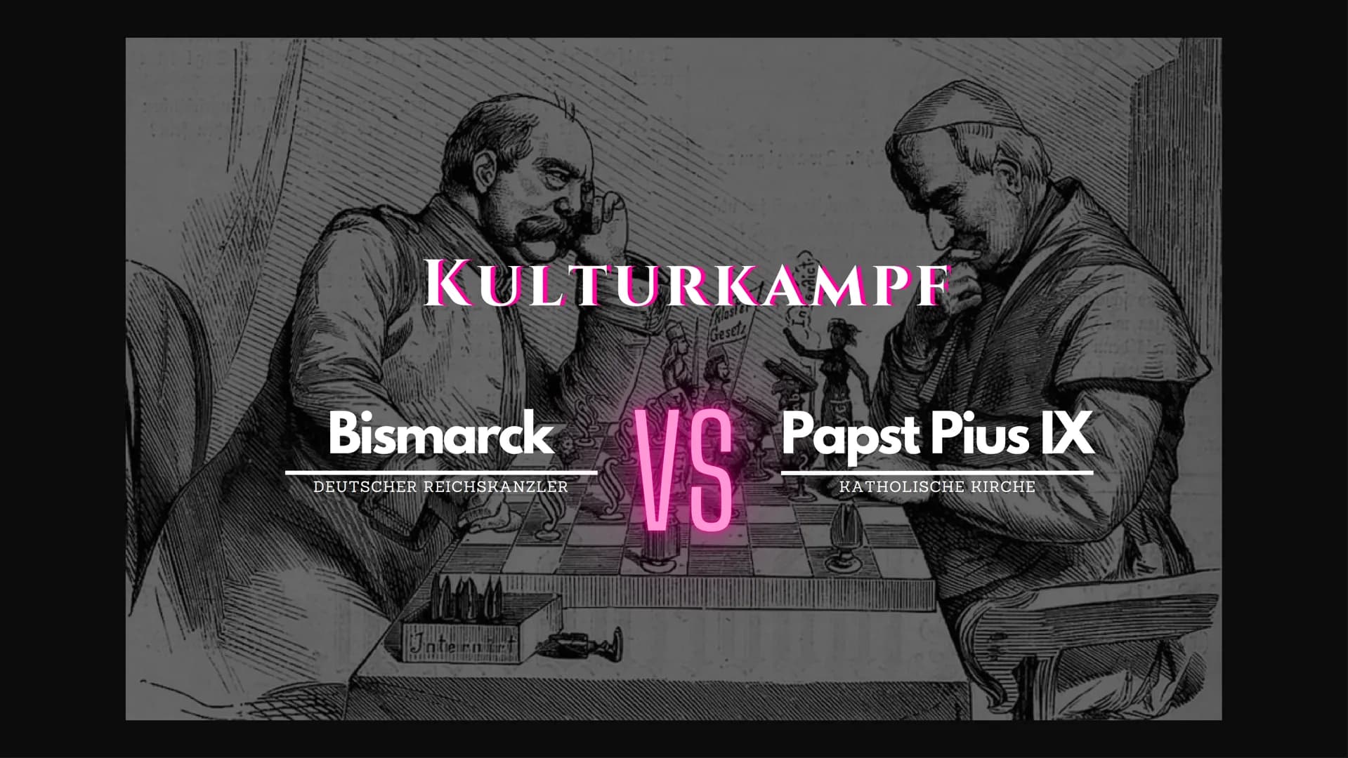 KULTURKAMPF
Kloster
Gesetz
Bismarck
DEUTSCHER REICHSKANZLER
TO
Jaternart
VS
Papst Pius IX
KATHOLISCHE KIRCHE 1.
2.
3.
Vorgeschichte
Kulturka