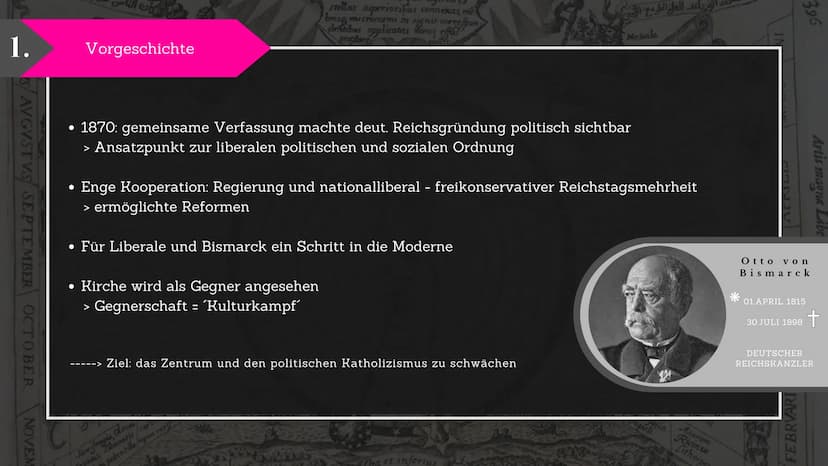 KULTURKAMPF
Kloster
Gesetz
Bismarck
DEUTSCHER REICHSKANZLER
TO
Jaternart
VS
Papst Pius IX
KATHOLISCHE KIRCHE 1.
2.
3.
Vorgeschichte
Kulturka