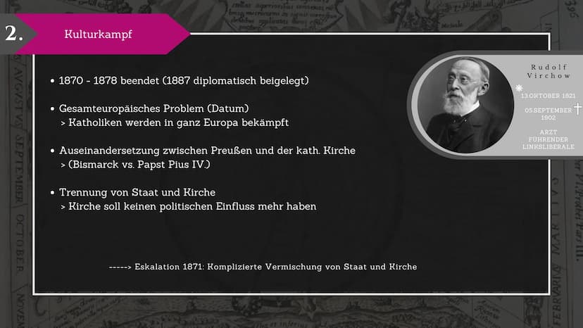 KULTURKAMPF
Kloster
Gesetz
Bismarck
DEUTSCHER REICHSKANZLER
TO
Jaternart
VS
Papst Pius IX
KATHOLISCHE KIRCHE 1.
2.
3.
Vorgeschichte
Kulturka