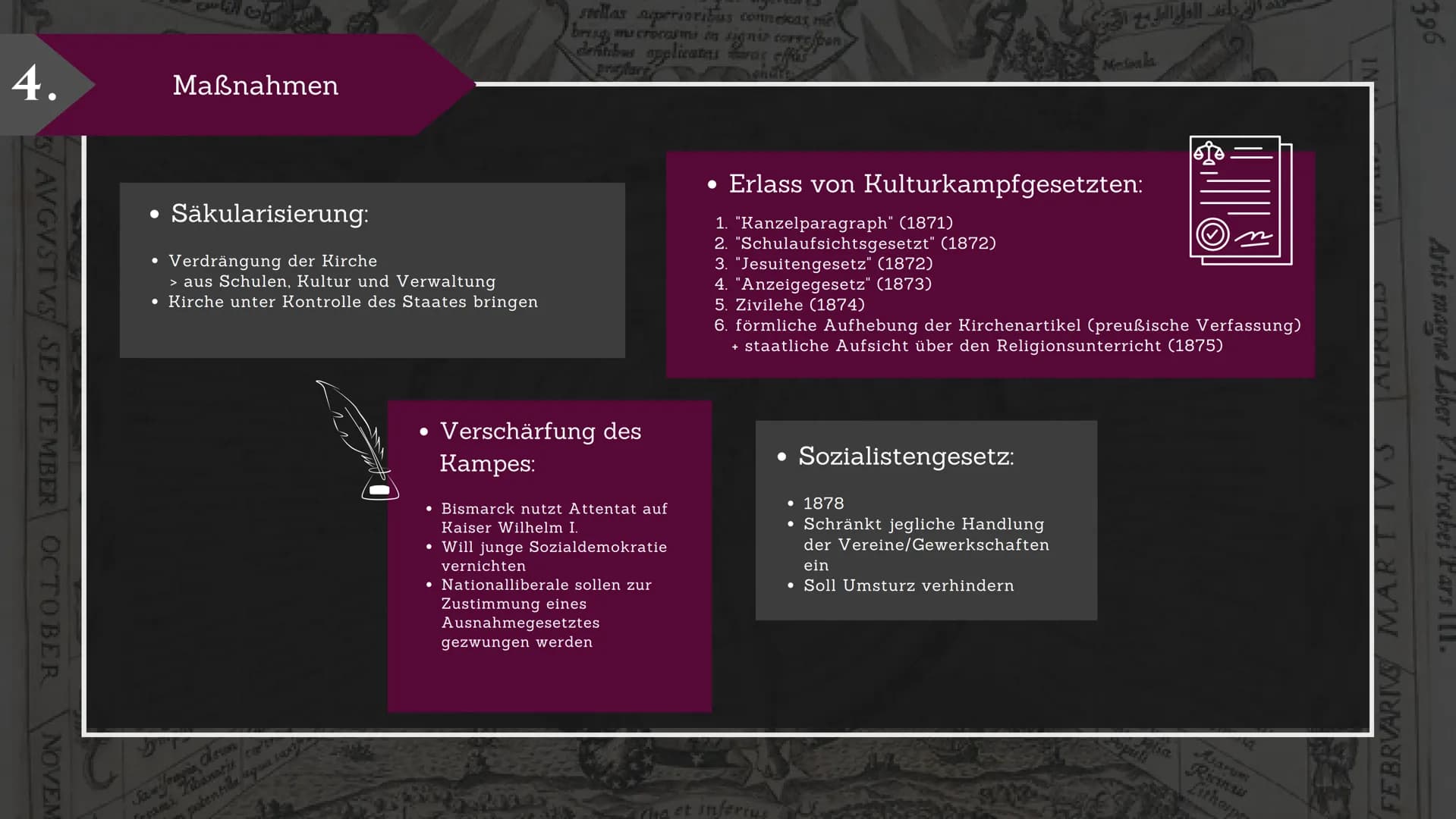 KULTURKAMPF
Kloster
Gesetz
Bismarck
DEUTSCHER REICHSKANZLER
TO
Jaternart
VS
Papst Pius IX
KATHOLISCHE KIRCHE 1.
2.
3.
Vorgeschichte
Kulturka
