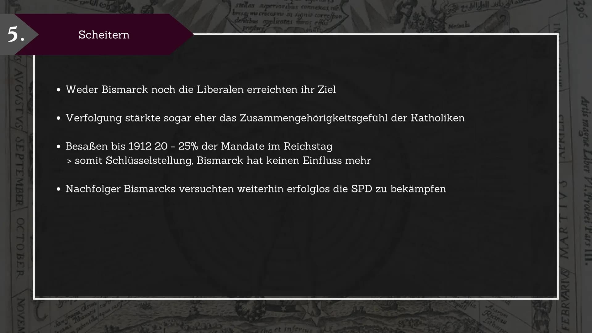 KULTURKAMPF
Kloster
Gesetz
Bismarck
DEUTSCHER REICHSKANZLER
TO
Jaternart
VS
Papst Pius IX
KATHOLISCHE KIRCHE 1.
2.
3.
Vorgeschichte
Kulturka