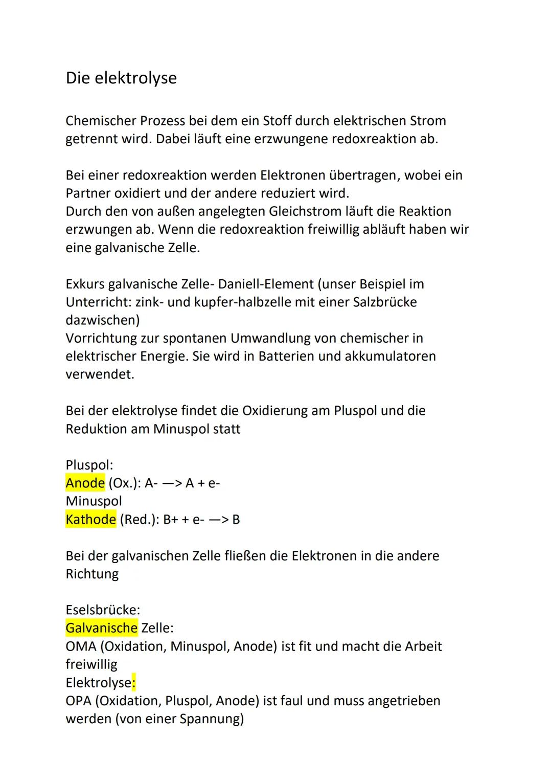 CH13

Die Elektrolyse

Definition:
„Unter Elektrolyse (griechisch „mittels Elektrizität trennen") versteht man eine
Aufspaltung einer chemis