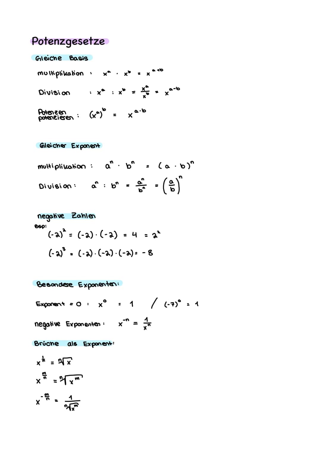 Potenzgesetze
Gleiche Basis
multiplikation
Division
Potenzen
potenzieren
Gleicher Exponent
multiplikation :
:
Division: a : b
Exponent = 0 :