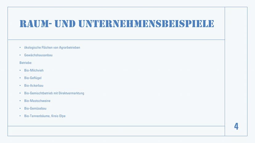ÖKOLOGISCHE
LANDWIRTSCHAFT
1 INHALTSVERZEICHNIS
●
●
●
Definition
●
Raum- und Unternehmensbeispiele
Vor- und Nachteile
• Stellungnahmen
Quell