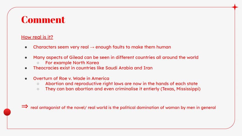 THE HANDMAID'S TALE
The Handmaid's
Tale  Plot summary
Republic of Gilead, a totalitarian state in America
●
●
●
●
One of the few woman left 