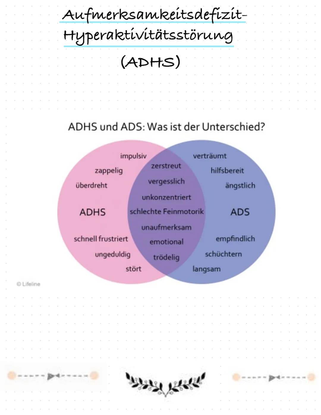 ⒸLifeline
Aufmerksamkeitsdefizit-
Hyperaktivitätsstörung
(ADHS)
ADHS und ADS: Was ist der Unterschied?
zappelig
überdreht
impulsiv
ADHS
schn