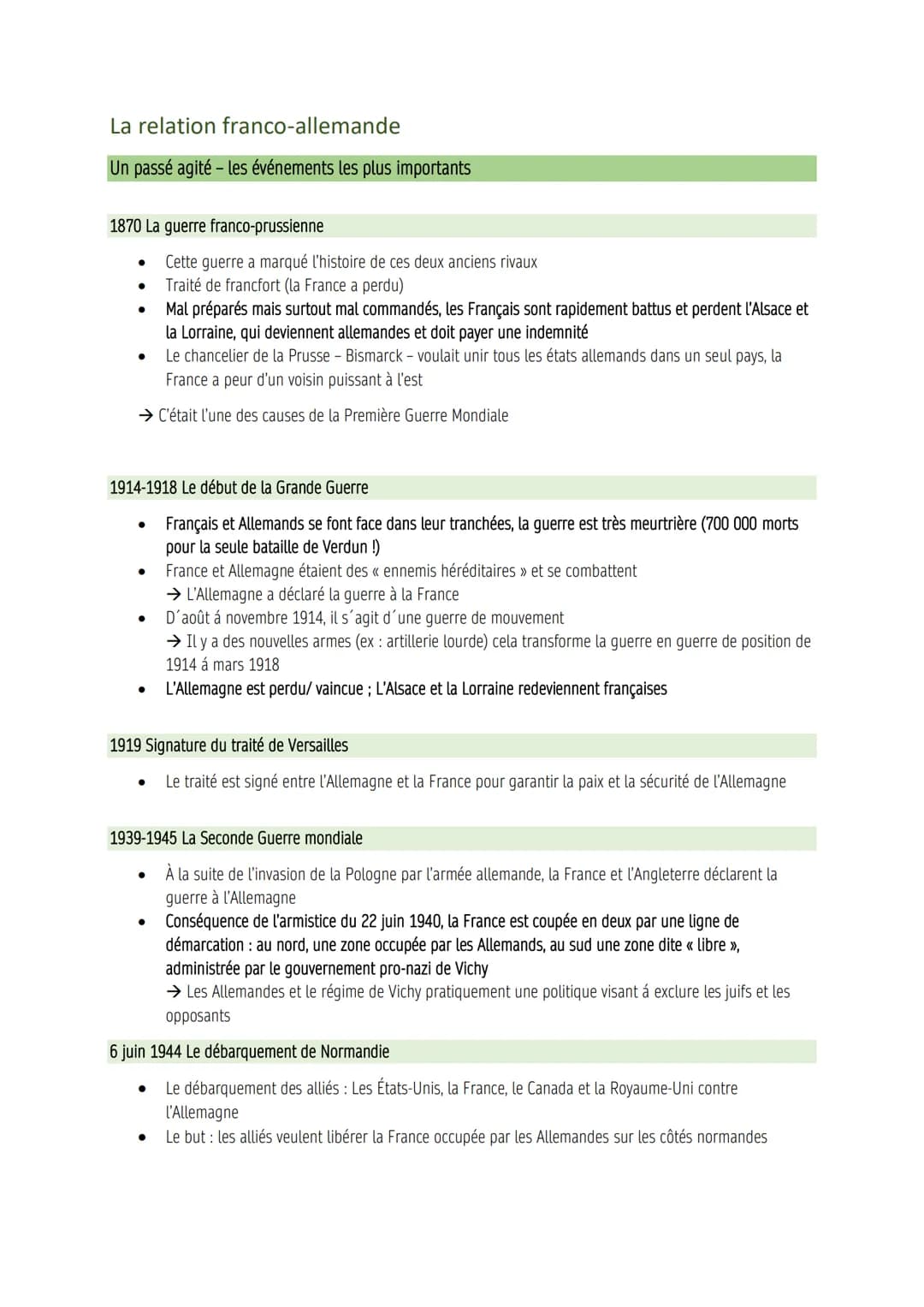 La relation franco-allemande
Un passé agité - les événements les plus importants
1870 La guerre franco-prussienne
●
●
Mal préparés mais surt