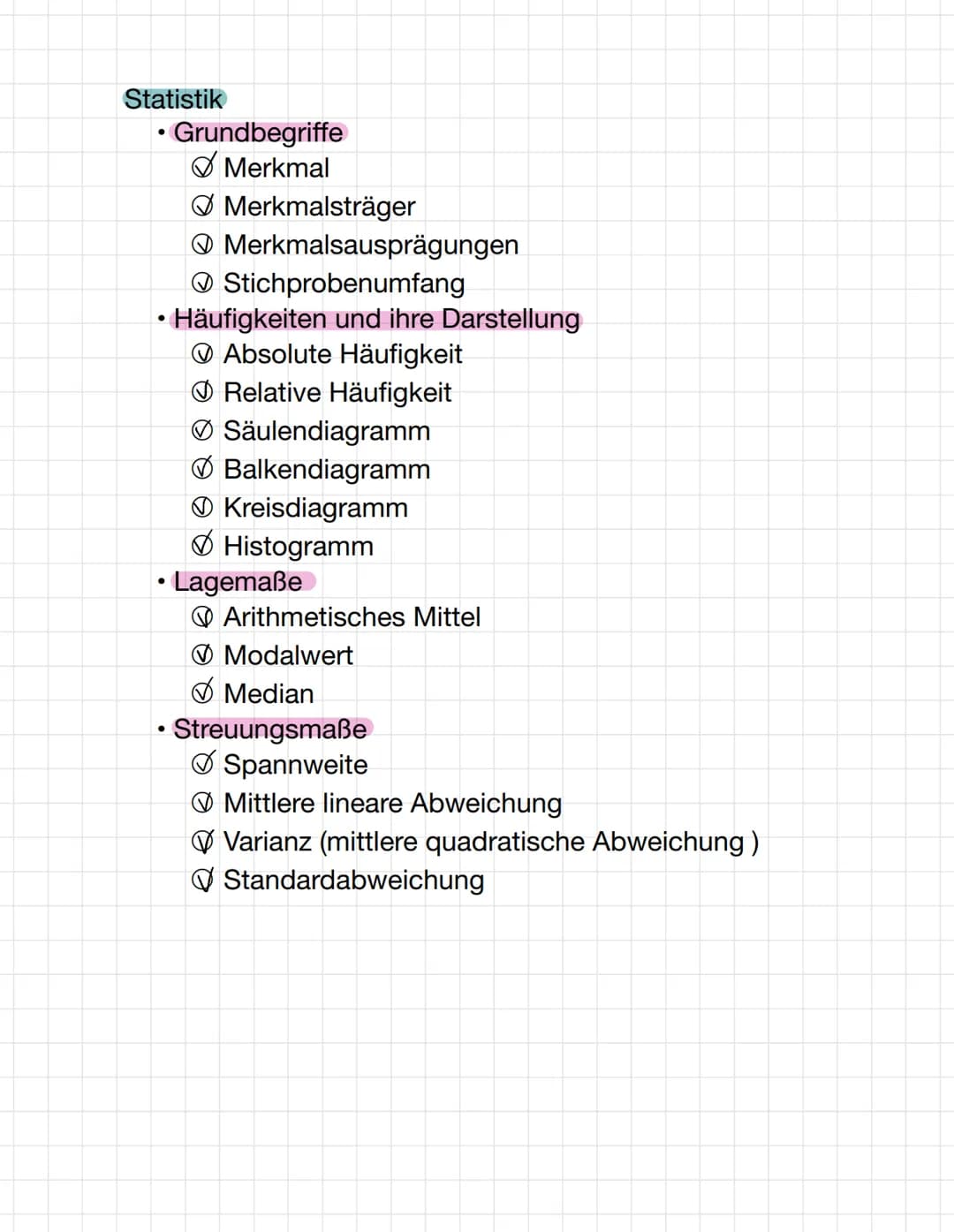 Statistik
• Grundbegriffe
Merkmal
Merkmalsträger
Merkmalsausprägungen
Stichprobenumfang
• Häufigkeiten und ihre Darstellung
Absolute Häufigk