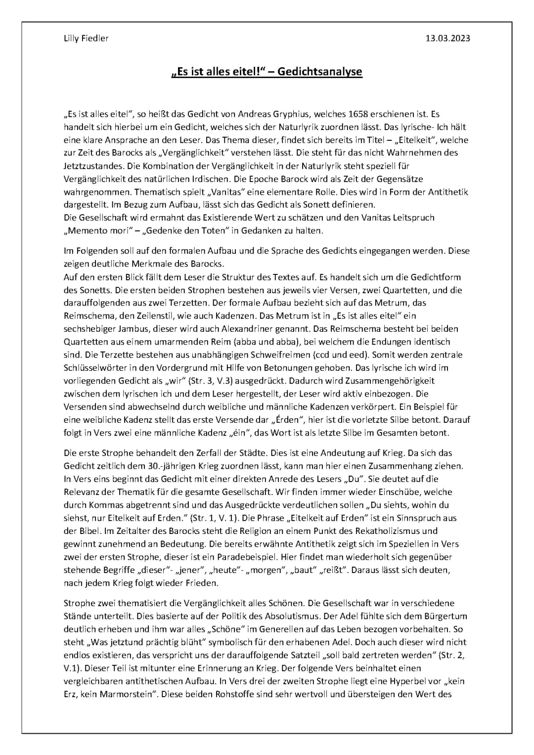 Gedichtsanalyse „Es ist alles eitel!“ Andreas Gryphius 