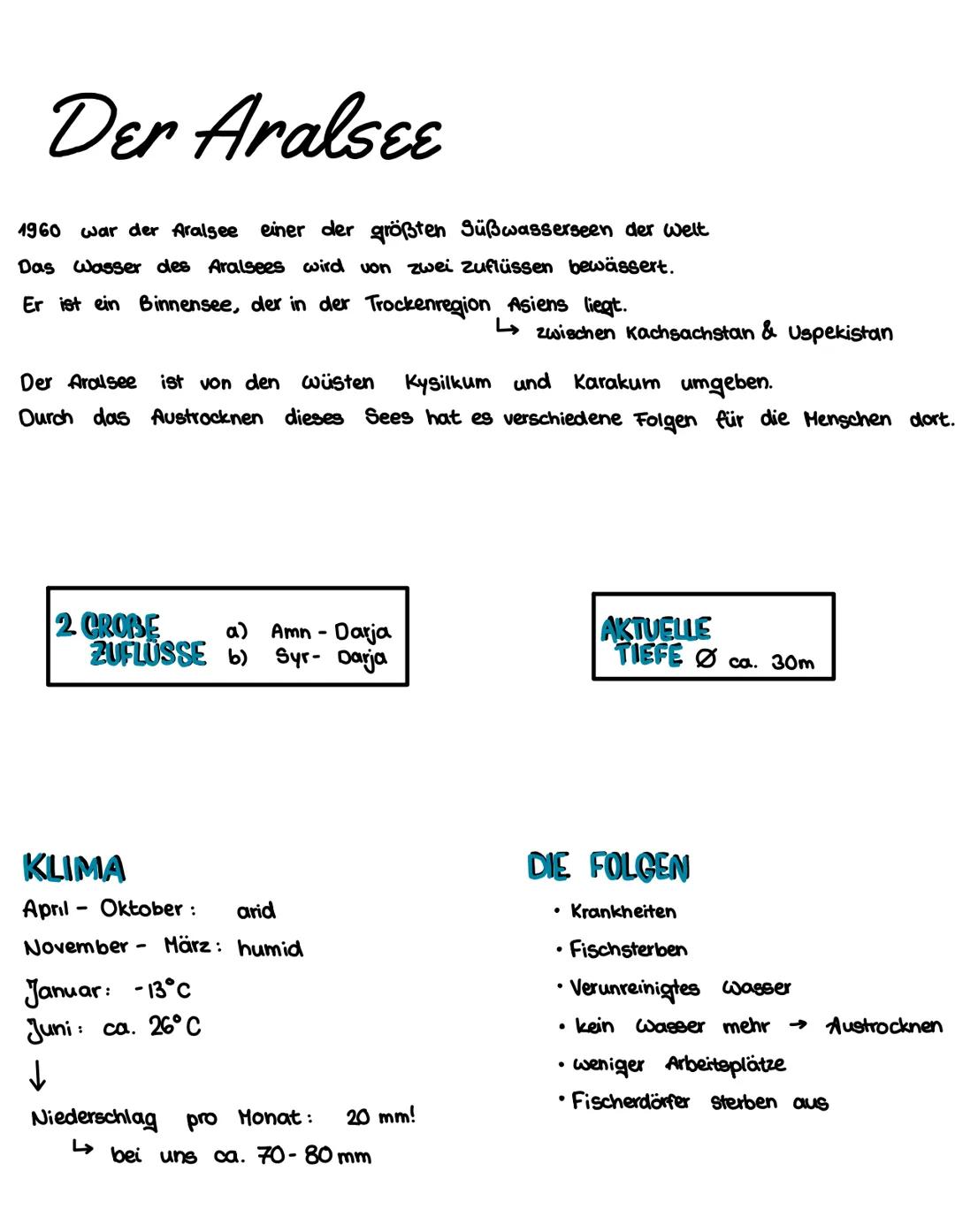 Handout Aralsee
1: Was ist, war der Aralsee im allgemeinen?
2: Was ist mit dem Aralsee passiert?
3: Was waren die Folgen?
4: Kann der Aralse