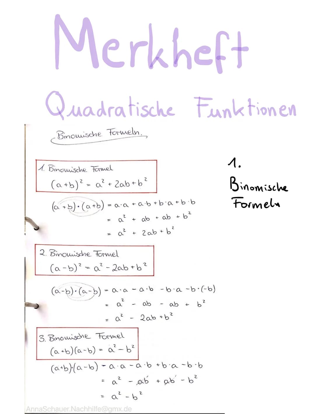 Merkheft
Quadratische Funktionen
-Binomische Formeln.
1. Binomische Formel
(a+b)² = a² + 2ab + b ²
(a + b). (a+b)
=a⋅a + a·b + b⋅a+b·b
ab + 