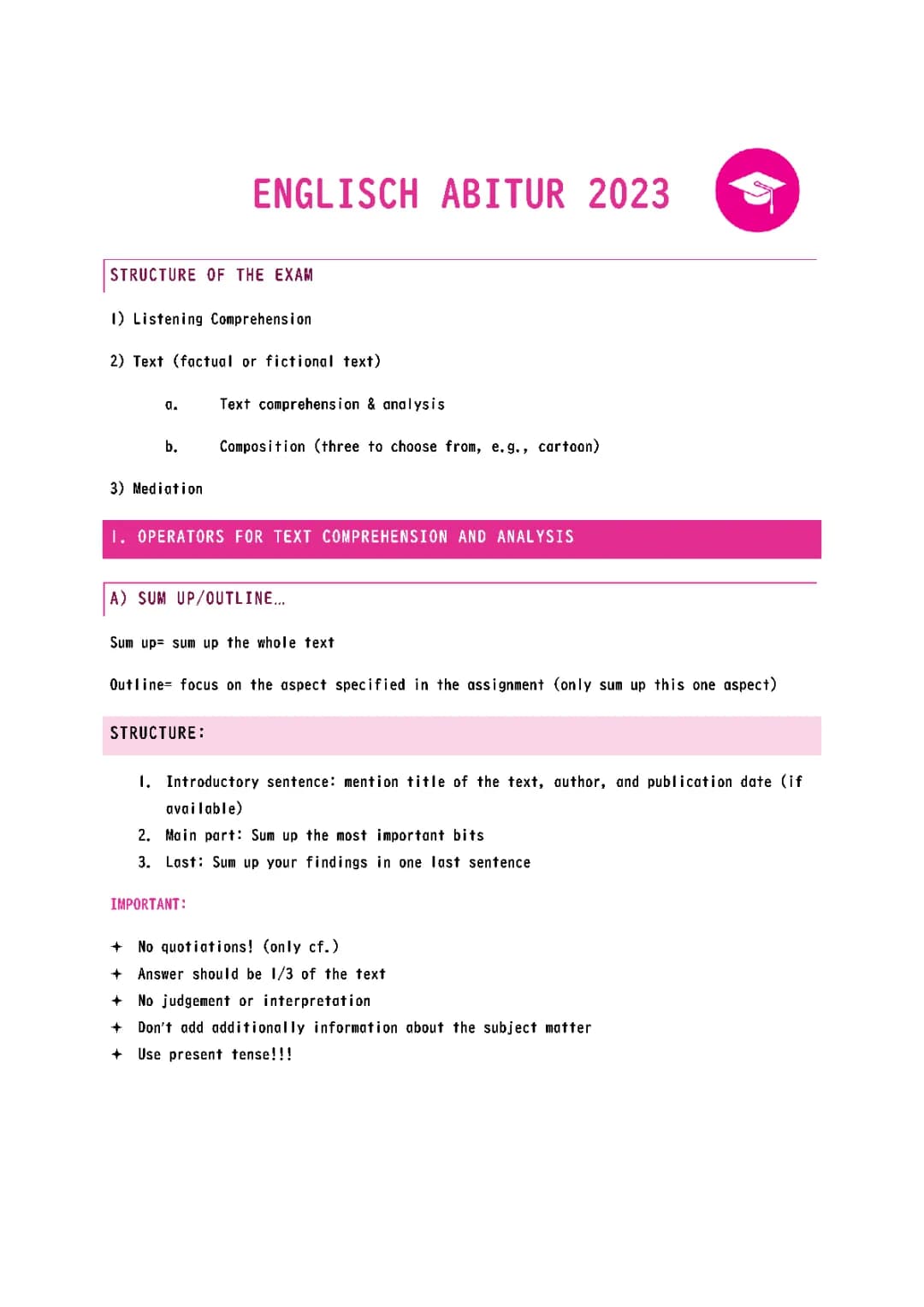 Englisch (schriftlich) Abiturvorbereitung/ Zusammenfassung 2023