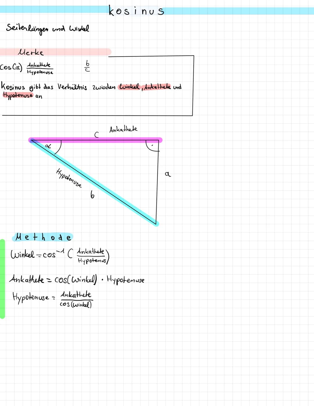 Seitenlängen und winkel
Merke
Sinus (α) = Gegenkathete
Hypotenuse
Der Sinus von & (since)) ist die gegenkathete von
& geteilt durch die Hypo