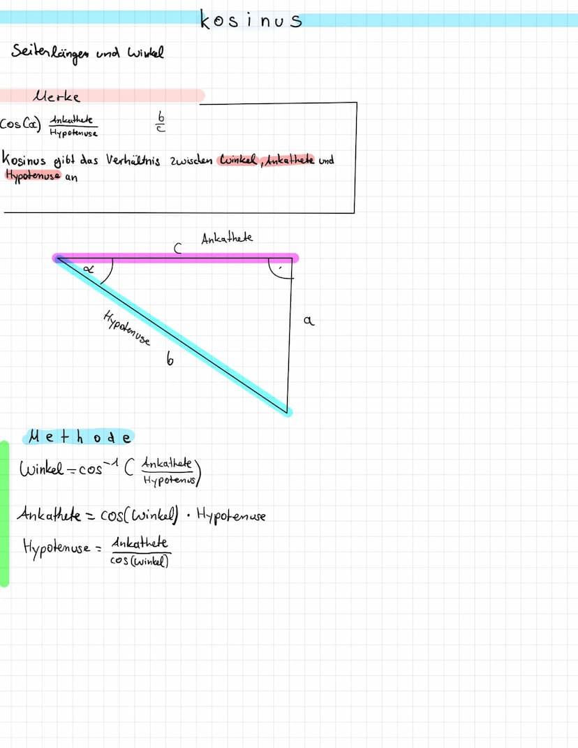 Seitenlängen und winkel
Merke
Sinus (α) = Gegenkathete
Hypotenuse
Der Sinus von & (since)) ist die gegenkathete von
& geteilt durch die Hypo
