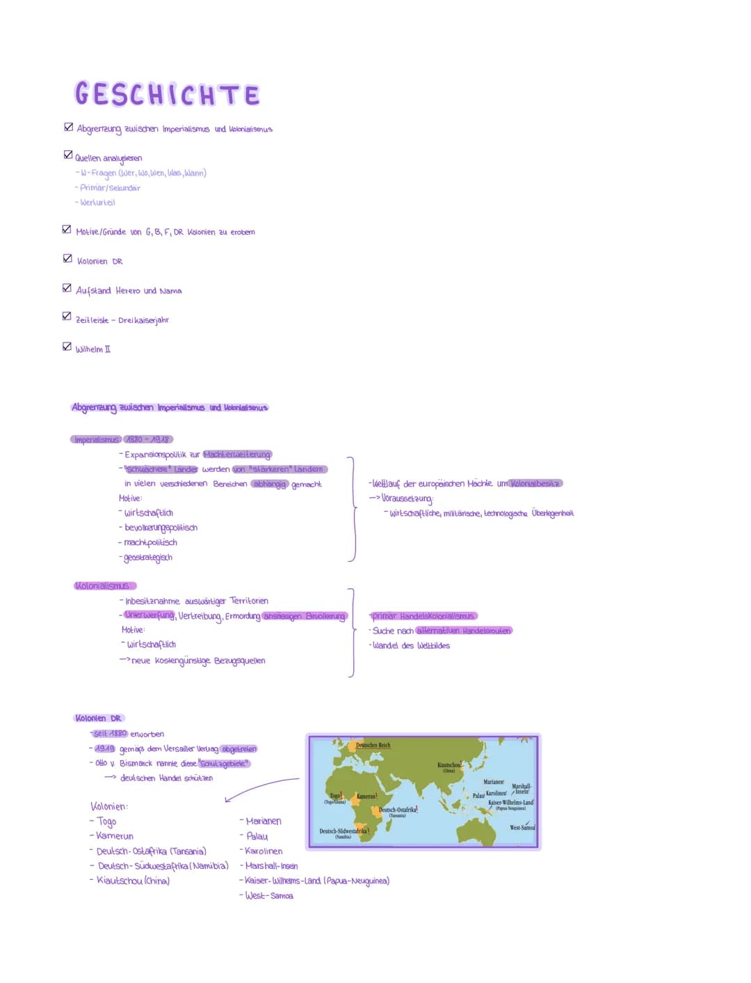GESCHICHTE
Abgrenzung zwischen Imperialismus und Kolonialismus
Quellen analysieren
-W-Fragen (wer, wo, Wen, Was, Wann)
-Primar/Sekundär
-Wer