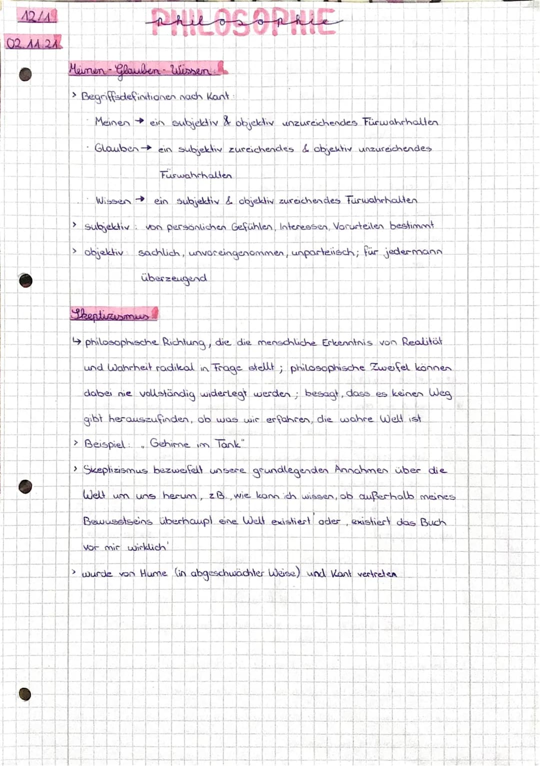 12/1
02.11.24
Meinen - Glauben Wissen
> Begriffsdefinitionen nach Kant
Meinen ein subjektiv & objektiv unzureichendes Fürwahrhalten.
Glauben