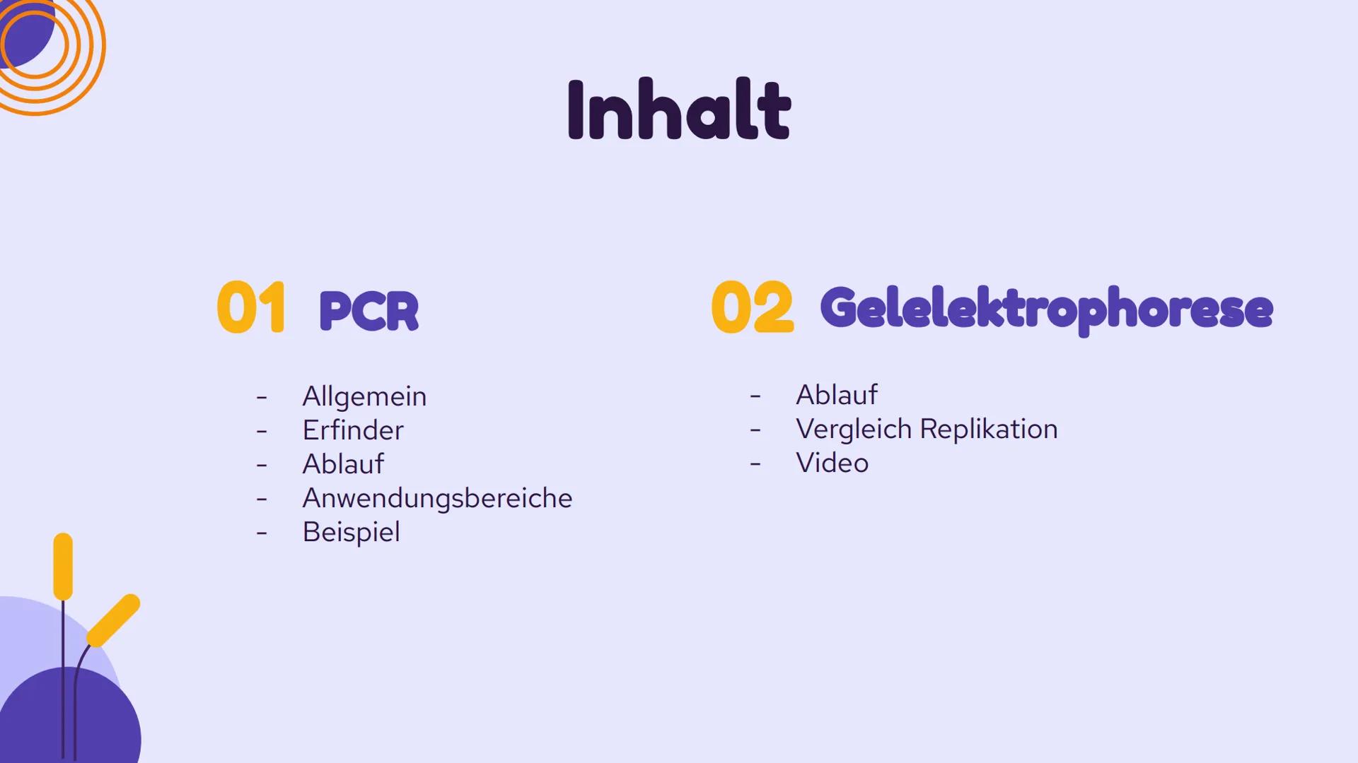 PCR und
Gelelektrophorese
DIXX
Präsentation von Emma und Lisa 01 PCR
Allgemein
Erfinder
Ablauf
-
-
-
Inhalt
Anwendungsbereiche
Beispiel
02 G