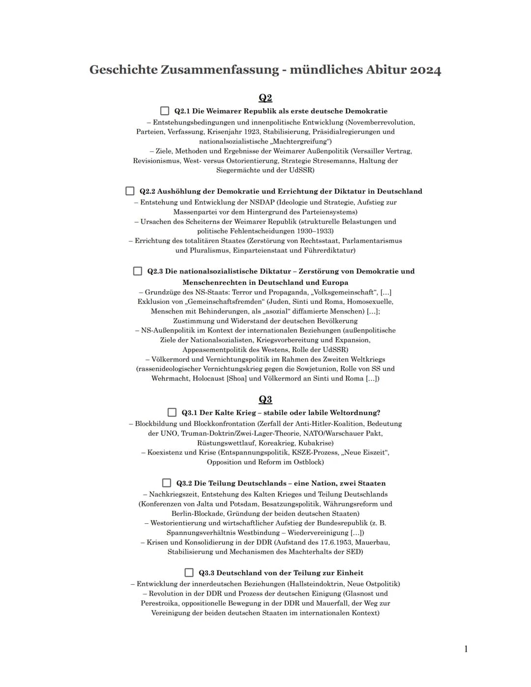 Geschichte Zusammenfassung - mündliches Abitur 2024
Q2
Q2.1 Die Weimarer Republik als erste deutsche Demokratie
Entstehungsbedingungen und i