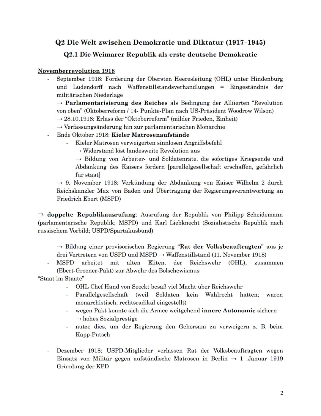 Geschichte Zusammenfassung - mündliches Abitur 2024
Q2
Q2.1 Die Weimarer Republik als erste deutsche Demokratie
Entstehungsbedingungen und i