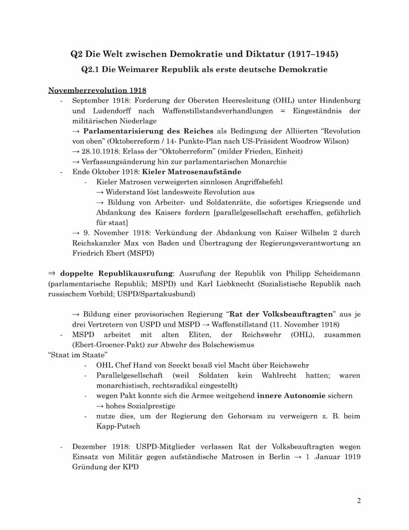 Geschichte Zusammenfassung - mündliches Abitur 2024
Q2
Q2.1 Die Weimarer Republik als erste deutsche Demokratie
Entstehungsbedingungen und i