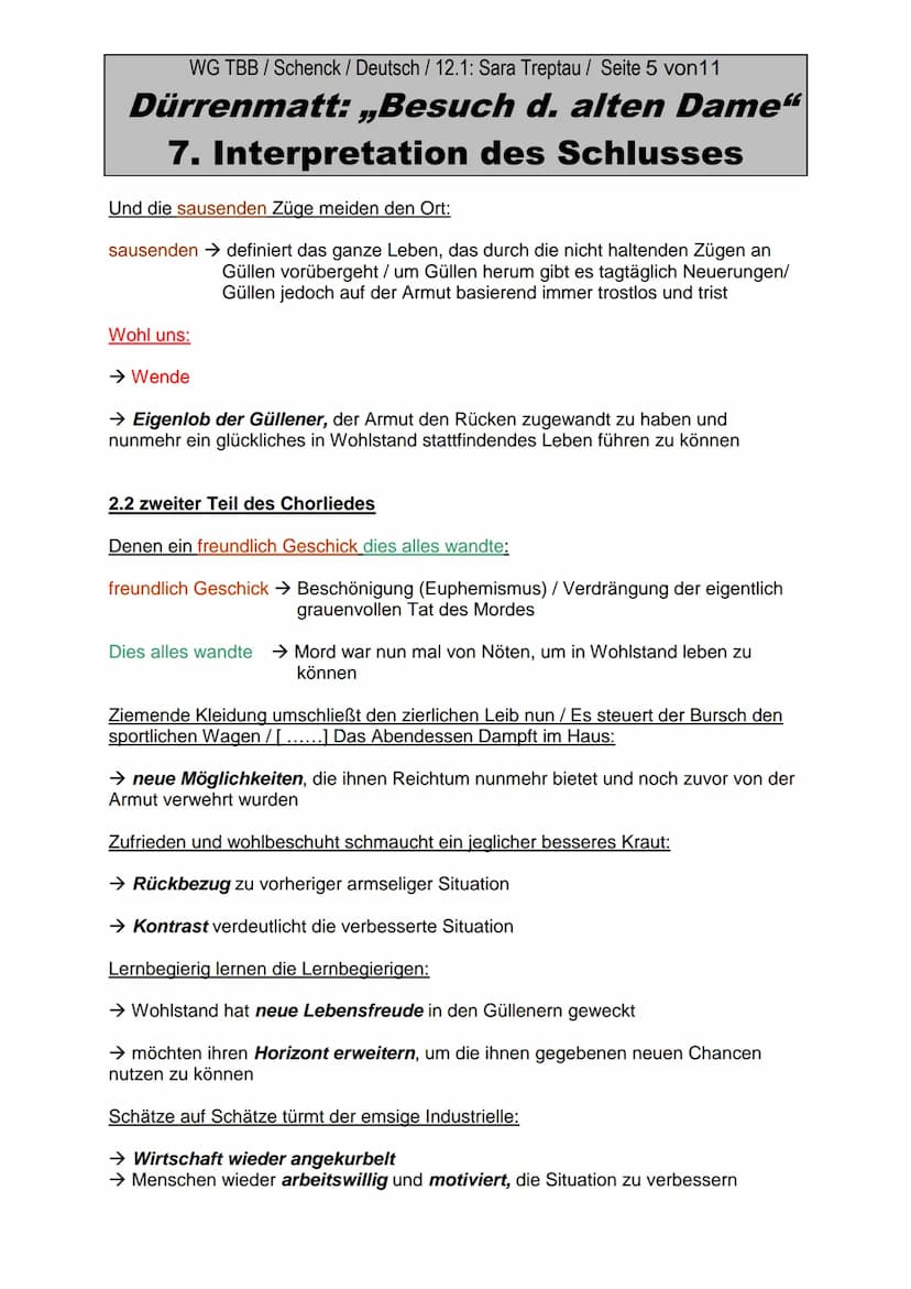 WG TBB / Schenck / Deutsch / 12.1: Sara Treptau/ Seite 1 von11
Dürrenmatt: „Besuch d. alten Dame"
7. Interpretation des Schlusses
1. Paralle