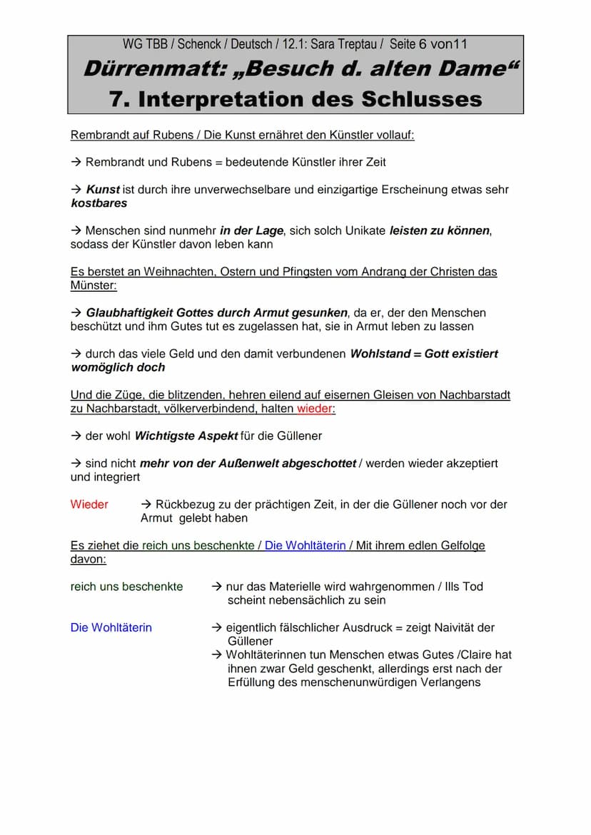 WG TBB / Schenck / Deutsch / 12.1: Sara Treptau/ Seite 1 von11
Dürrenmatt: „Besuch d. alten Dame"
7. Interpretation des Schlusses
1. Paralle