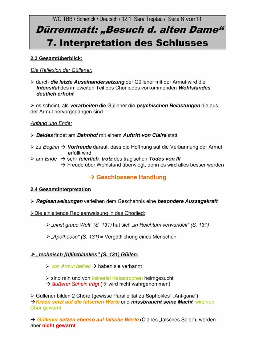 WG TBB / Schenck / Deutsch / 12.1: Sara Treptau/ Seite 1 von11
Dürrenmatt: „Besuch d. alten Dame"
7. Interpretation des Schlusses
1. Paralle