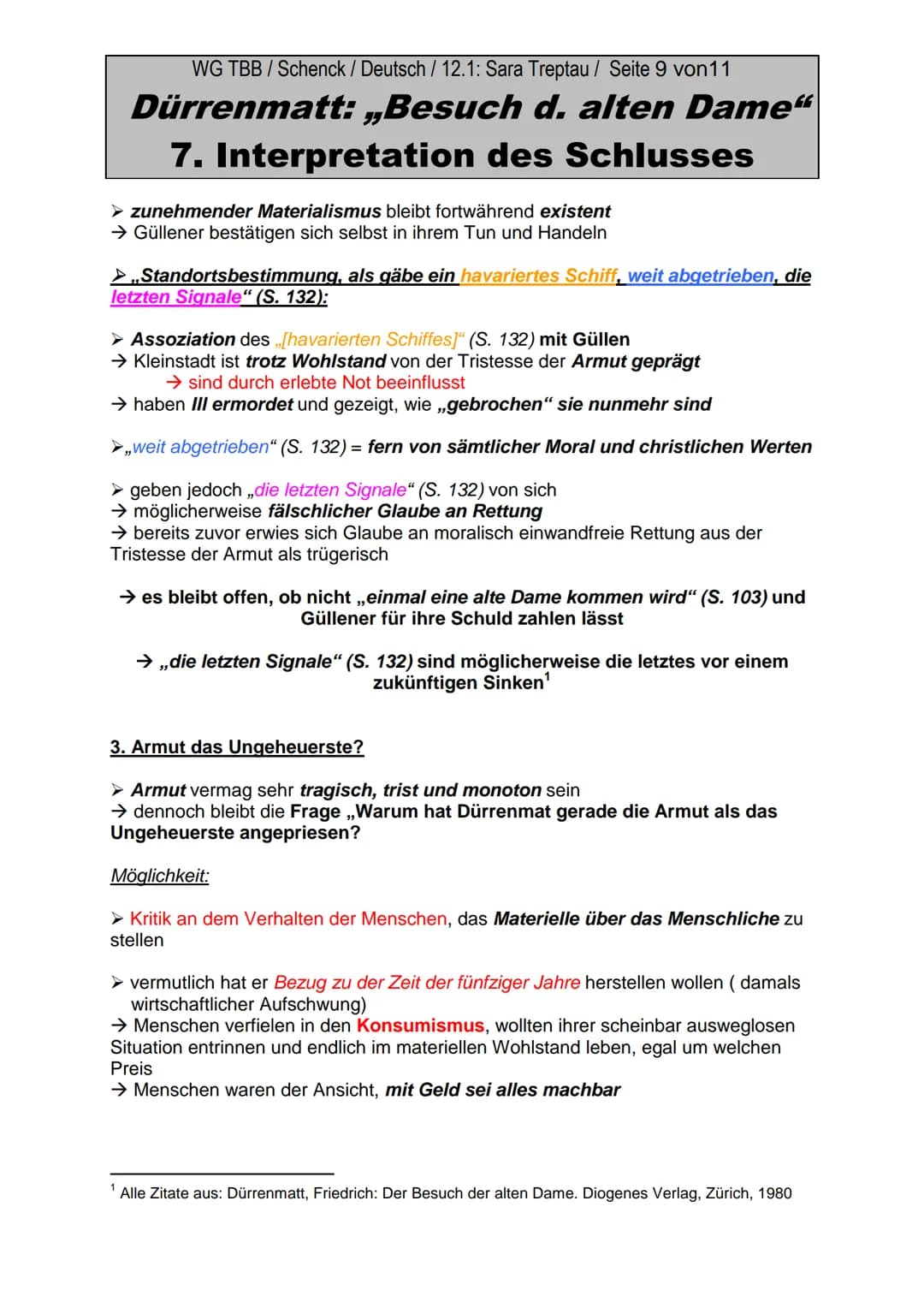 WG TBB / Schenck / Deutsch / 12.1: Sara Treptau/ Seite 1 von11
Dürrenmatt: „Besuch d. alten Dame"
7. Interpretation des Schlusses
1. Paralle