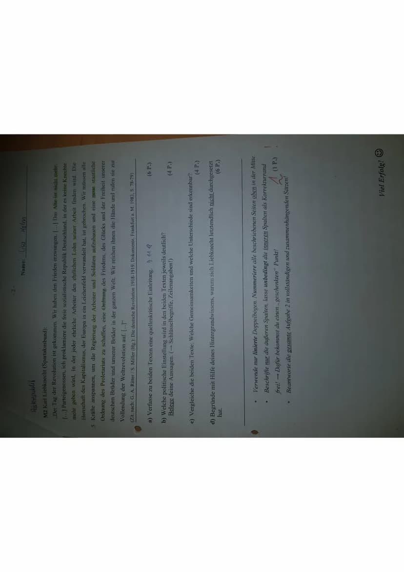 Geschichte, Klasse 9L2 (Lg)
Regierungschef
aus.
Klassenarbeit
Thema: Die Weimarer Republik - die erste deutsche Demokratie
Aufgaben:
1) Ergä