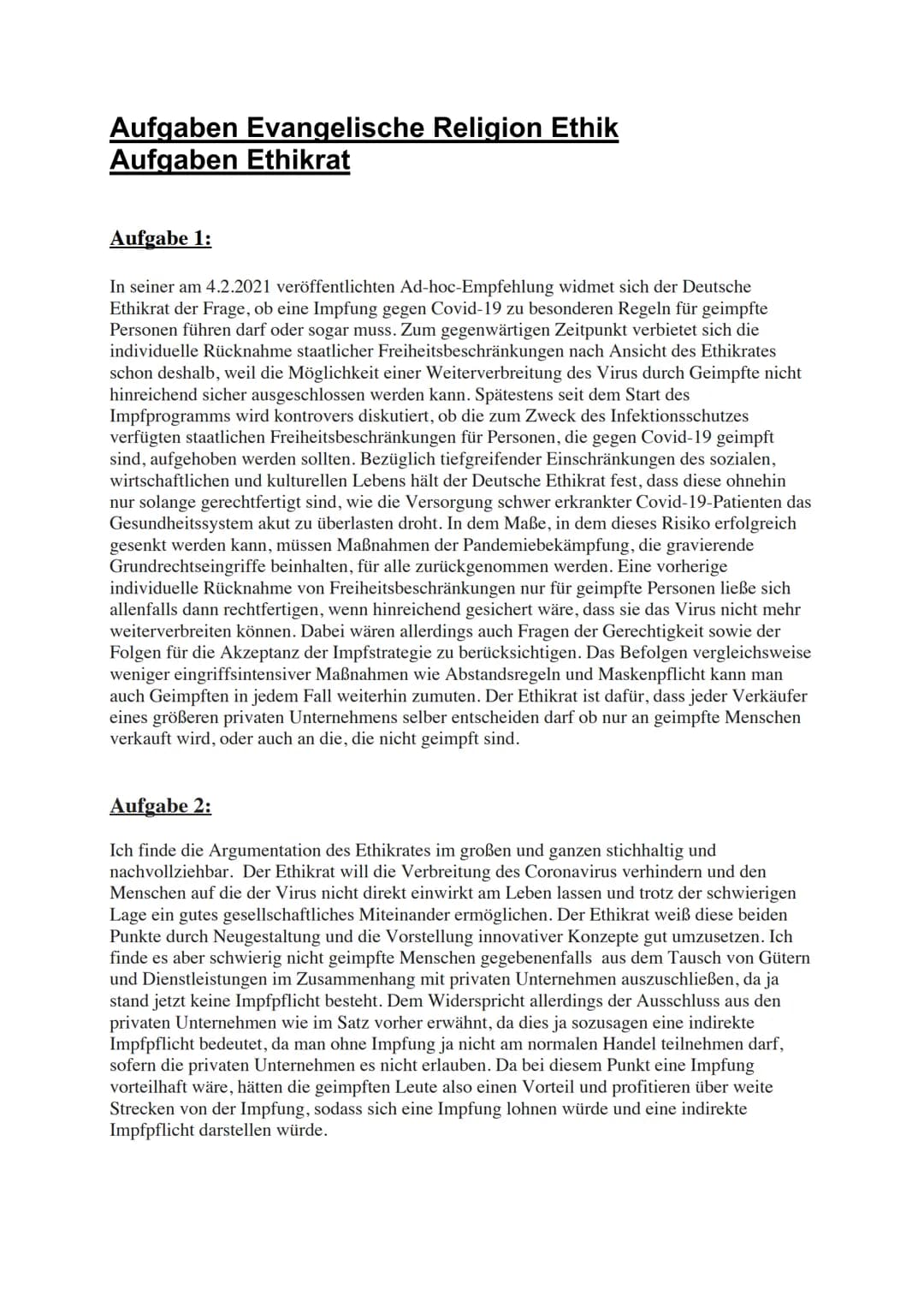 Aufgaben Evangelische Religion Ethik
Aufgaben Ethikrat
Aufgabe 1:
In seiner am 4.2.2021 veröffentlichten Ad-hoc-Empfehlung widmet sich der D