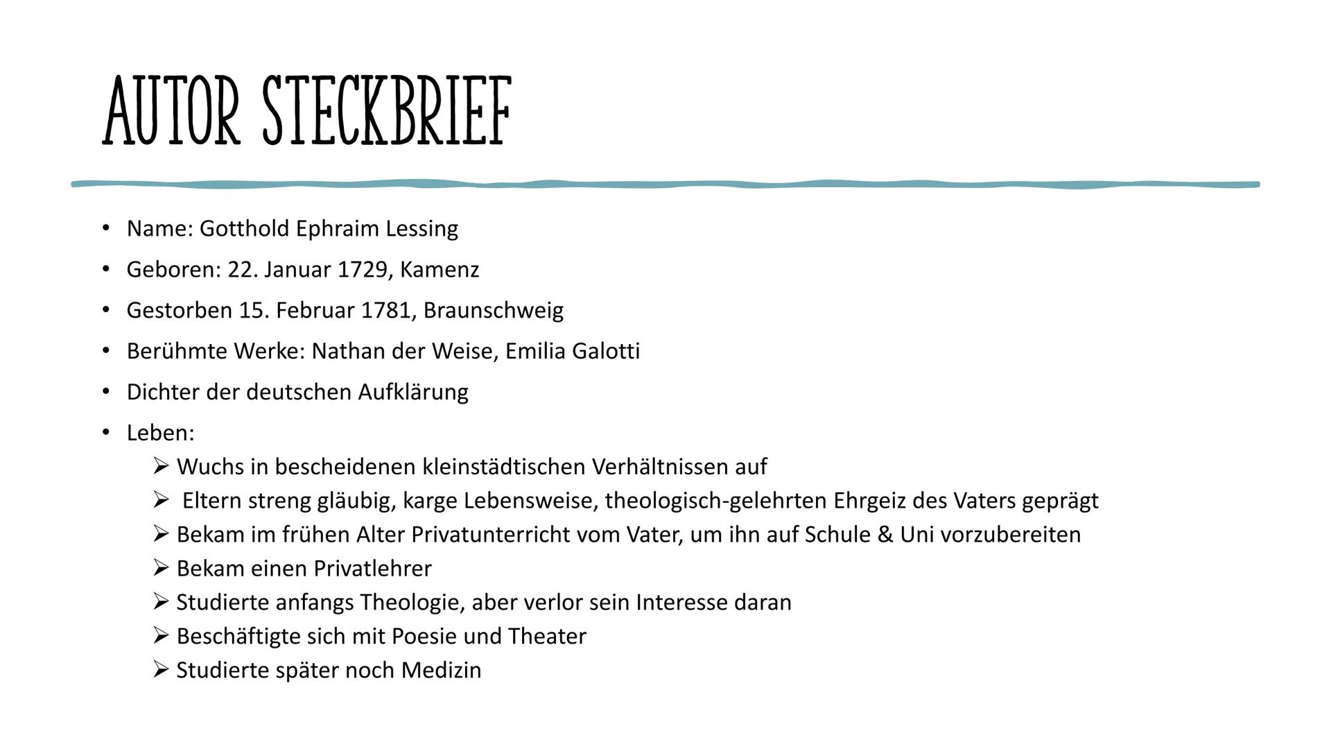 EMILIA GALOTTI
Deutsch INHALTSVERZEICHNIS
Allgemeine Fakten
• Autor Steckbrief
Inhaltliche Zusammenfassung
Figuren
●
●
• Figurenkonstellatio