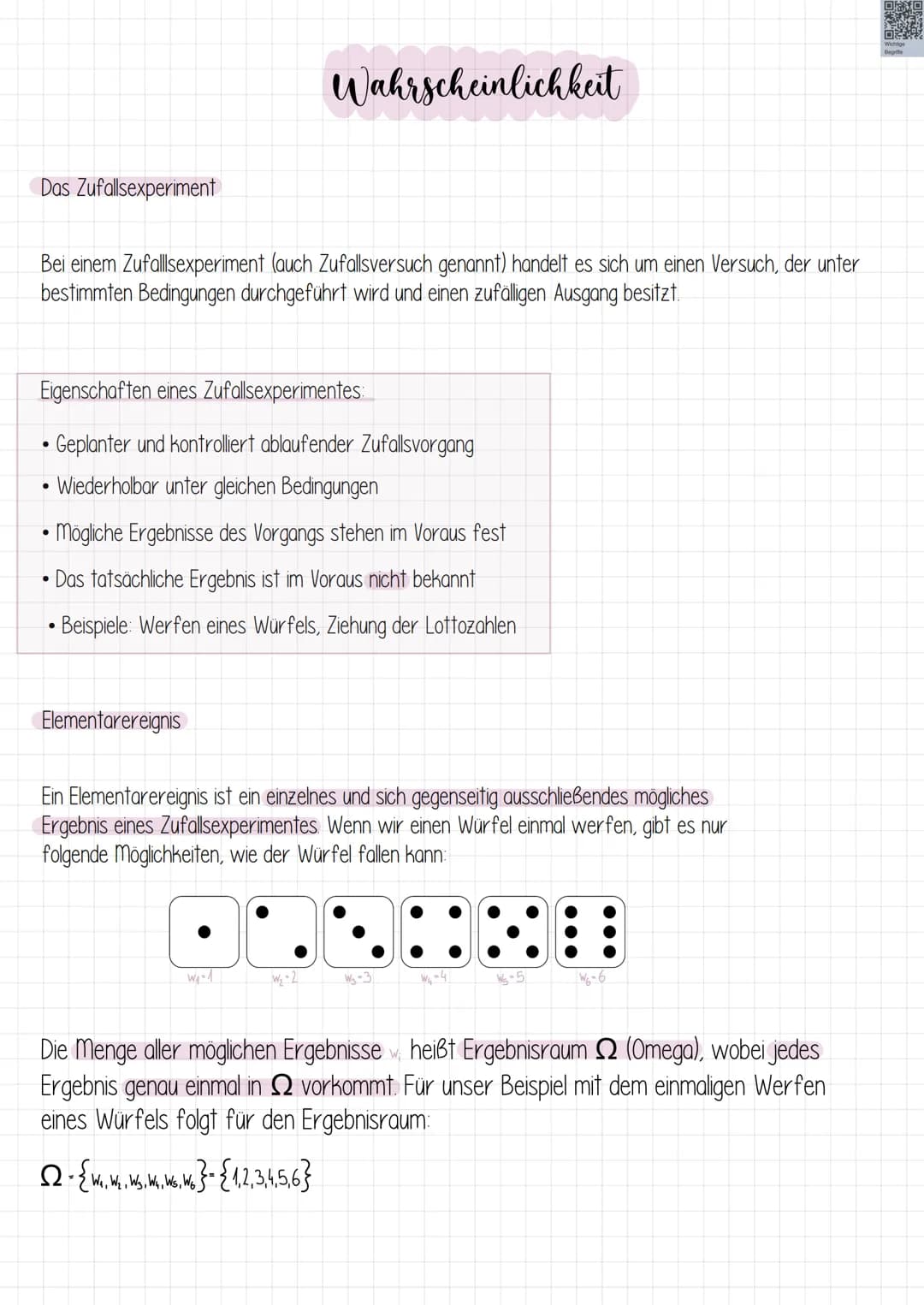 Das Zufallsexperiment
Bei einem Zufallsexperiment (auch Zufallsversuch genannt) handelt es sich um einen Versuch, der unter
bestimmten Bedin