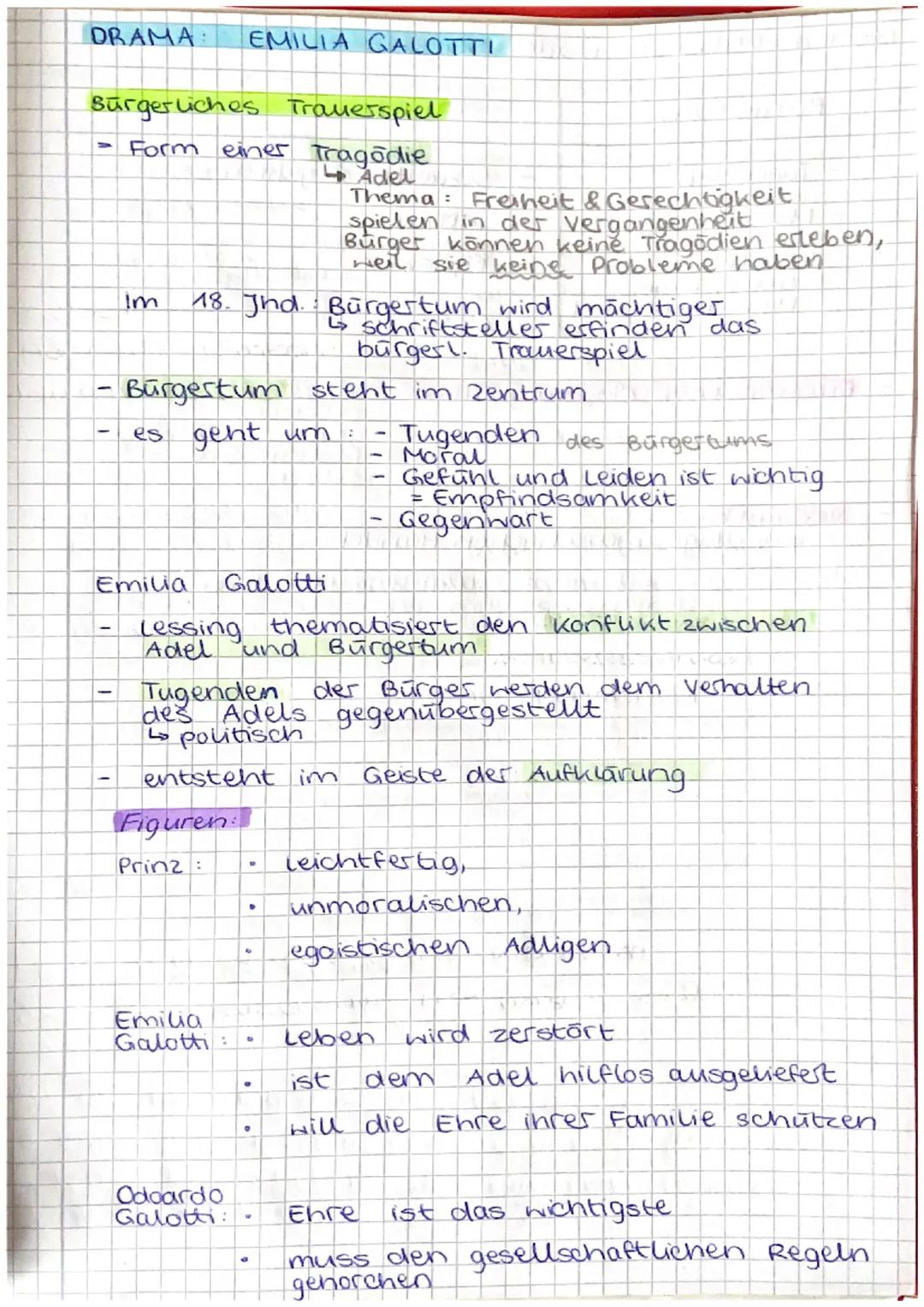 DRAMA: EMILIA GALOTTI

Sürgerliches Trauerspiel

- Form einer Tragödie
  ↳ Adel
  Thema: Freiheit & Gerechtigkeit
  spielen in der Vergangen