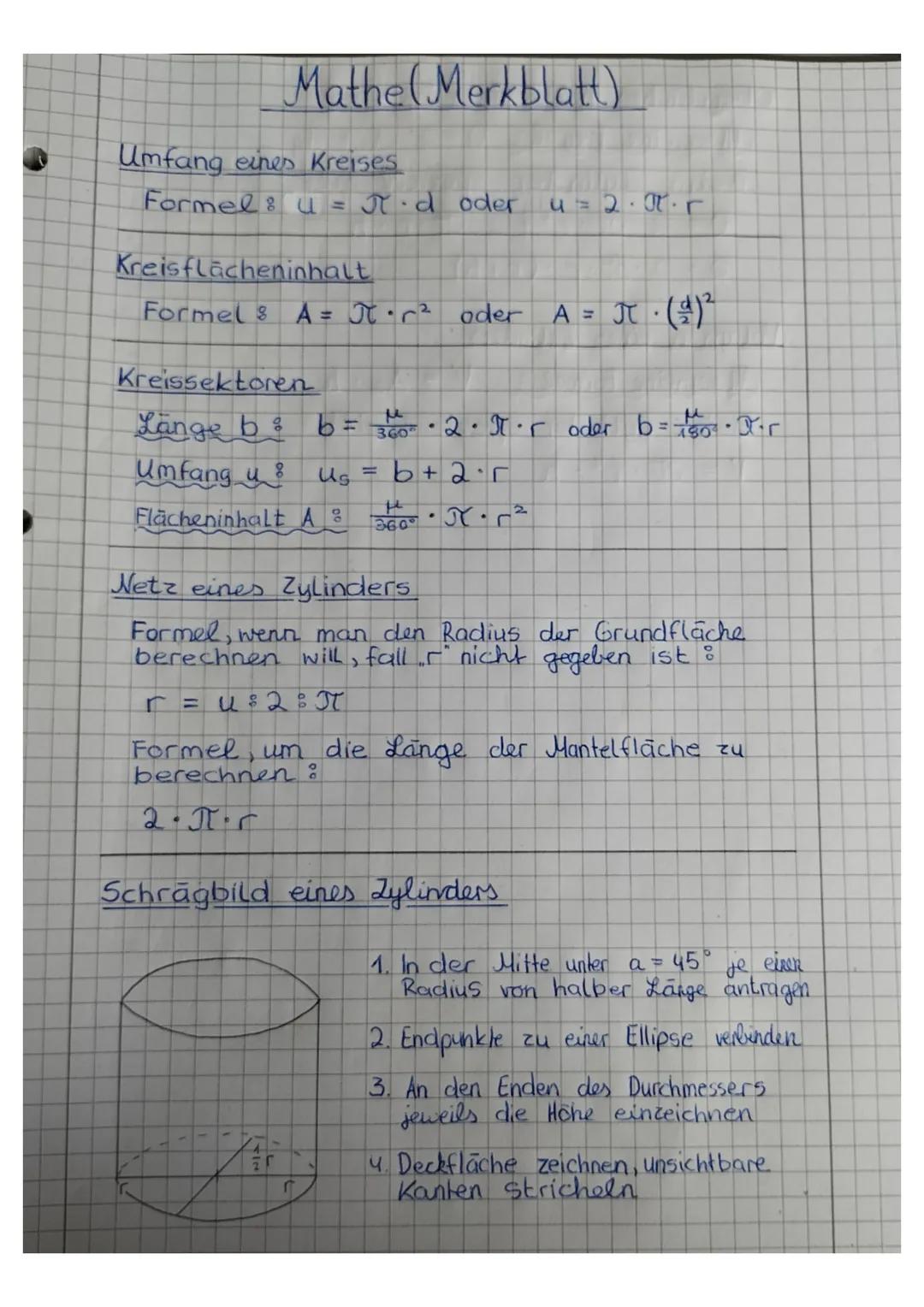 # Mathe (Merkblatt)

Umfang eines Kreises

Formel : u = $\pi$.d oder u = 2.\N.r

Kreisflächeninhalt

Formel : A = $\pi$.r² oder A = $\pi$.($